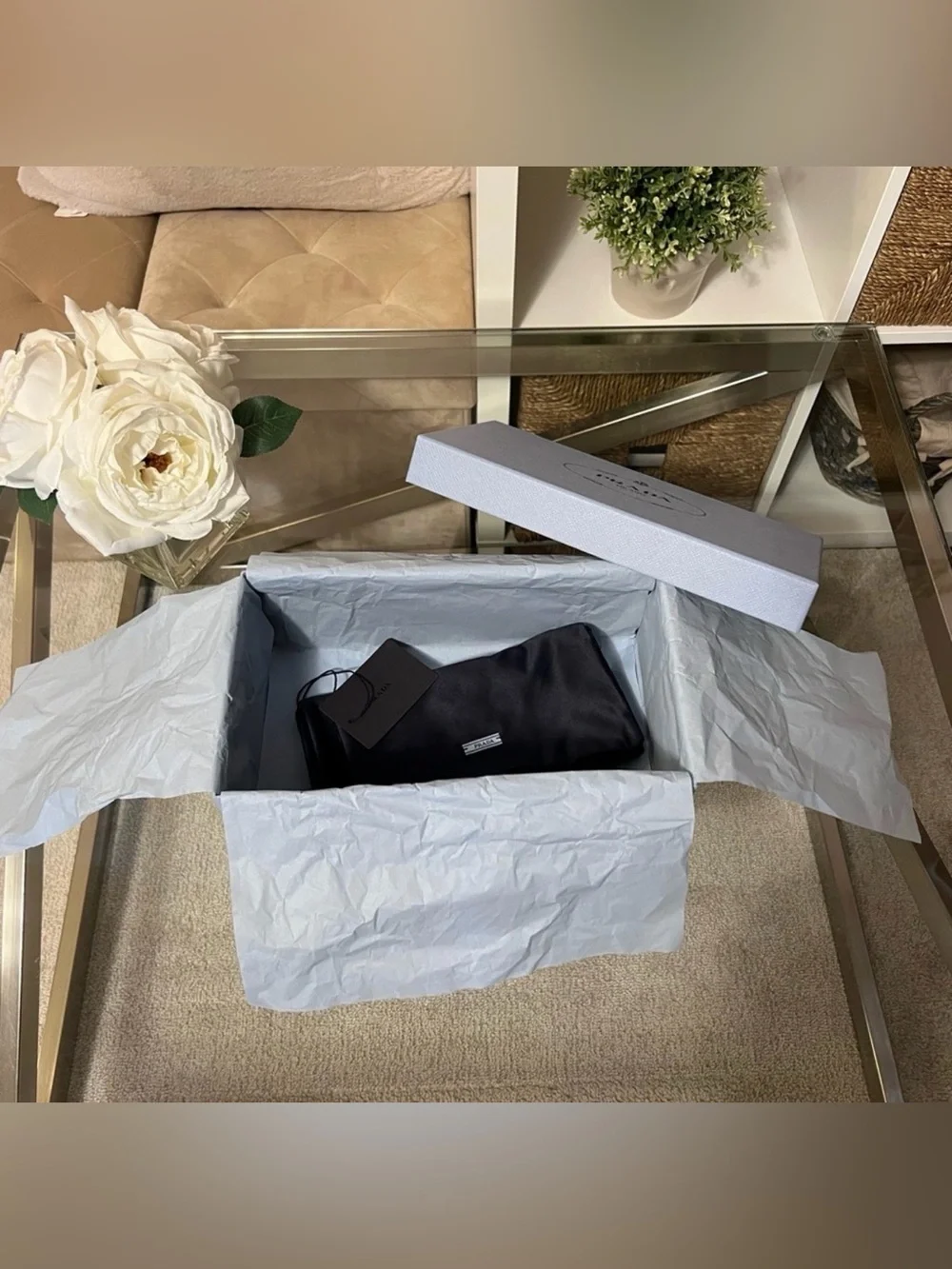 Prada Black Shoe Dust Bags with Light Blue Box
